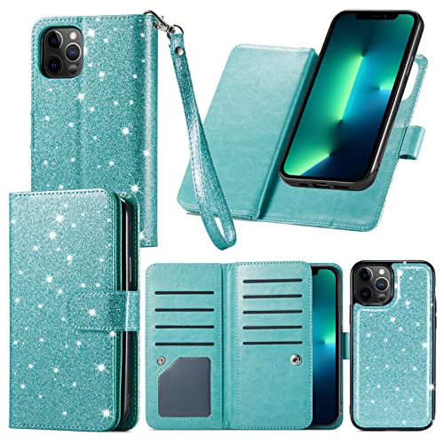 Varikke iPhone 13 Pro Max Wallet Case - Women's 9-Card Holder, Detachable Magnetic Cover, Kickstand, Glitter PU leather, Mint