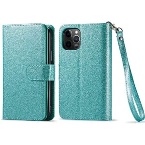 Varikke iPhone 13 Pro Max Wallet Case - Women's 9-Card Holder, Detachable Magnetic Cover, Kickstand, Glitter PU leather, Mint