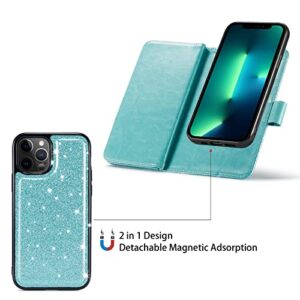 Varikke iPhone 13 Pro Max Wallet Case - Women's 9-Card Holder, Detachable Magnetic Cover, Kickstand, Glitter PU leather, Mint