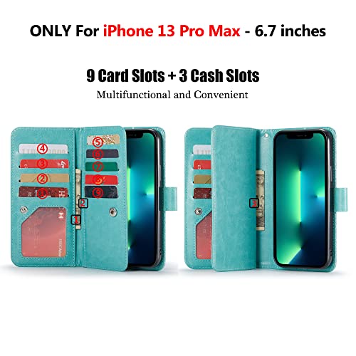 Varikke iPhone 13 Pro Max Wallet Case - Women's 9-Card Holder, Detachable Magnetic Cover, Kickstand, Glitter PU leather, Mint