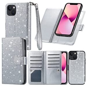 varikke iphone 13 wallet case, glitter pu leather with card holder, detachable cover, kickstand & strap - silver