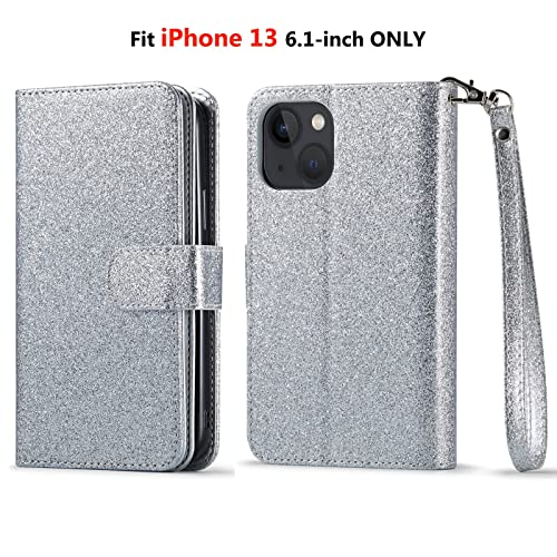 Varikke iPhone 13 Wallet Case, Glitter PU Leather with Card Holder, Detachable Cover, Kickstand & Strap - Silver