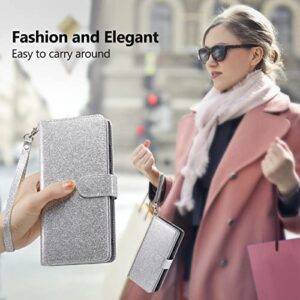 Varikke iPhone 13 Wallet Case, Glitter PU Leather with Card Holder, Detachable Cover, Kickstand & Strap - Silver