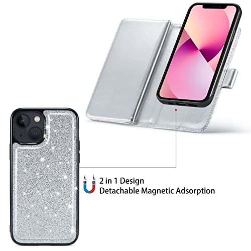 Varikke iPhone 13 Wallet Case, Glitter PU Leather with Card Holder, Detachable Cover, Kickstand & Strap - Silver