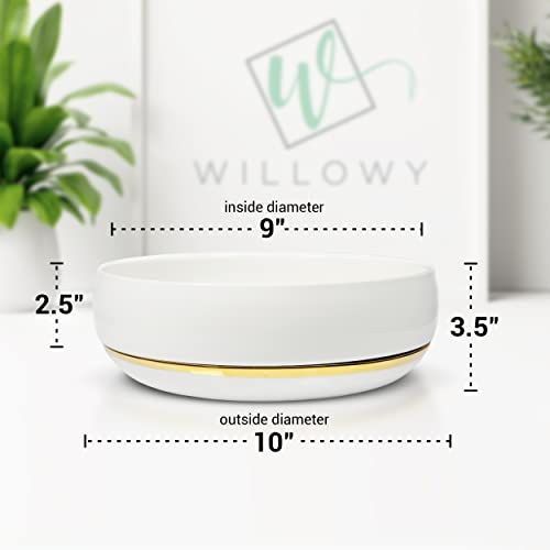 Large Succulent Planter with Drainage Tray - 10 Inch White Bowl with Metallic Gold - Modern Bonsai, Cactus, & Succulent Pot with Saucer - No Plants Included