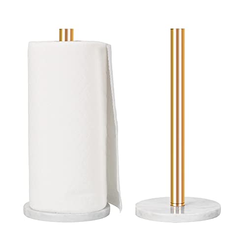 WORHE Paper Towel Holder Countertop 100% Natural Marble Sturdy Marble Base 5.9Inch Gold Kitchen Standing Paper Towel Dispenser Bathroom Vanity Countertop for Standard or Jumbo-Sized Rolls (YGC020)