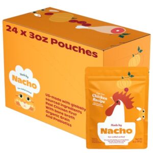 made by nacho wet cat food, cuts in gravy, cage-free chicken recipe with bone broth for extra hydration, (24) 3 oz. pouches