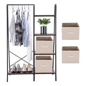 youdenova clothing rack with bottom shelve, industrial garment rack with 3 mesh shelves, freestanding closet heavy duty with 2 fabric storage boxes