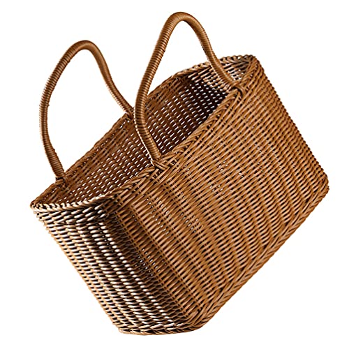 SEWACC Woven Basket with Handle Rattan Tote Basket Household Storage Basket Grocery Shopping Basket Bathroom Dirty Clothes Basket Flower Packing Basket