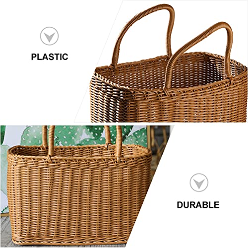 SEWACC Woven Basket with Handle Rattan Tote Basket Household Storage Basket Grocery Shopping Basket Bathroom Dirty Clothes Basket Flower Packing Basket