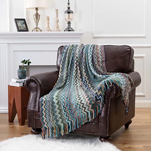 BATTILO PTY Boho Throw Blanket，Bohemian Throw Blankets with Tassel,Decorative Cozy Fall Christmas Throw Blankets for Couch Sofa Picnic (Blue, 50"×60")