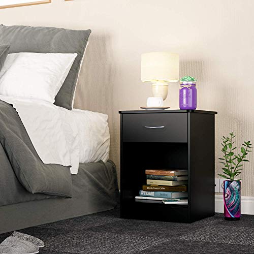 TINSAWOOD 1-Drawer Nightstand, End Table with Drawer and Open Storage Shelf, Nightstand Chest for Bedroom and Dorm Bedside, Black