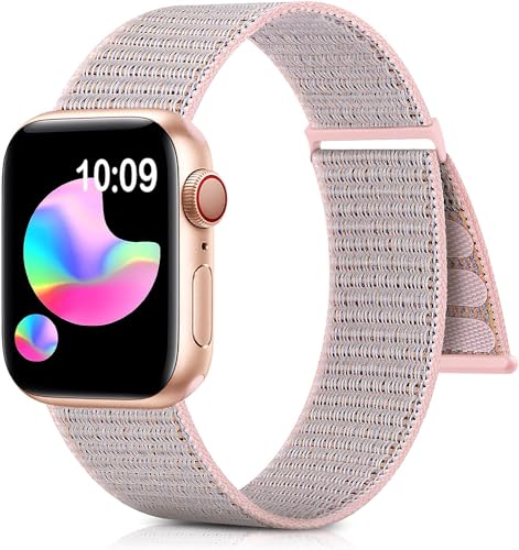 Nylon Sport Loop Bands for Apple Watch Band 38mm 40mm 41mm 42mm 44mm 45mm, Pink Sand Adjustable Stretchy Elastic Braided Strap Wristband Replacement for iWatch Series 9 8 7 6 SE 5 4 3 2 1 Women/Men