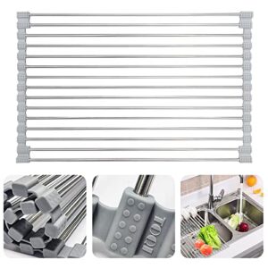 toqi roll up dish drying rack over the sink, 17.7" x 11.8" multipurpose rolling dish drainer, foldable roll-up sink drying rack mat stainless steel dish rack for kitchen sink counter