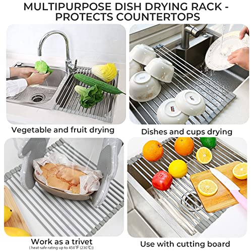 TOQI Roll Up Dish Drying Rack Over The Sink, 17.7" x 11.8" Multipurpose Rolling Dish Drainer, Foldable Roll-Up Sink Drying Rack Mat Stainless Steel Dish Rack for Kitchen Sink Counter