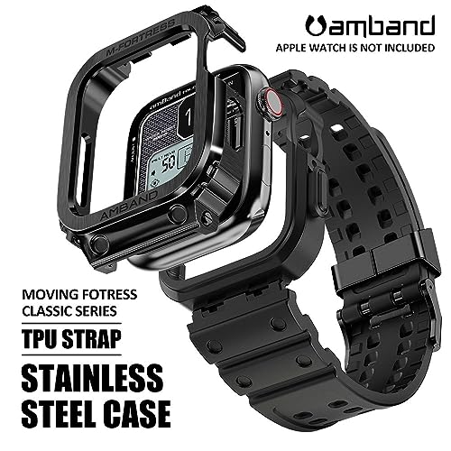 amBand Bands Case Compatible with Apple Watch 45mm, Moving Fortress Rugged Metal Bumper Men Tactical TPU Military Strap Protective Cover Accessories Compatible for iWatch 45 mm Series 9/8/7 Black