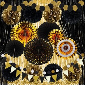 zerodeco gold and black party decorations, hanging paper fan pom poms pennant garland string banner fringe curtains birthday parties graduation wedding happy new year eve party decorations