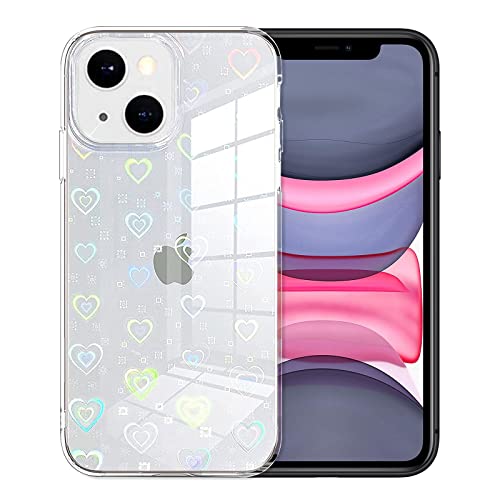 Jusy Compatible with iPhone 13 / iPhone 14 Case, Holographic Love Heart Iridescent Clear Kawaii Phone Case, for Women Aesthetic Laser Bling Rainbow Cute iPhone Cover, Holo Reflective Case