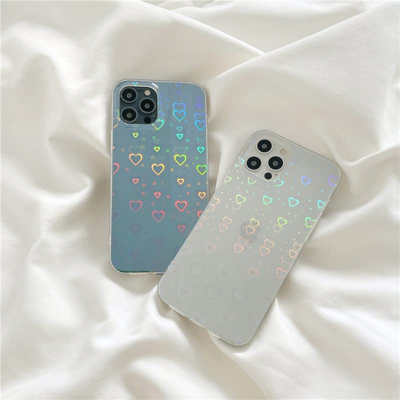 Jusy Compatible with iPhone 13 / iPhone 14 Case, Holographic Love Heart Iridescent Clear Kawaii Phone Case, for Women Aesthetic Laser Bling Rainbow Cute iPhone Cover, Holo Reflective Case