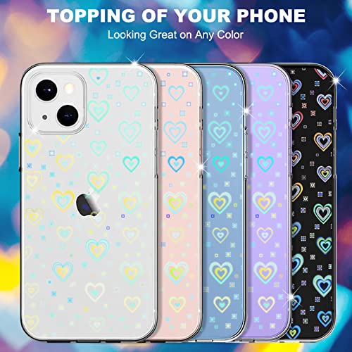 Jusy Compatible with iPhone 13 / iPhone 14 Case, Holographic Love Heart Iridescent Clear Kawaii Phone Case, for Women Aesthetic Laser Bling Rainbow Cute iPhone Cover, Holo Reflective Case