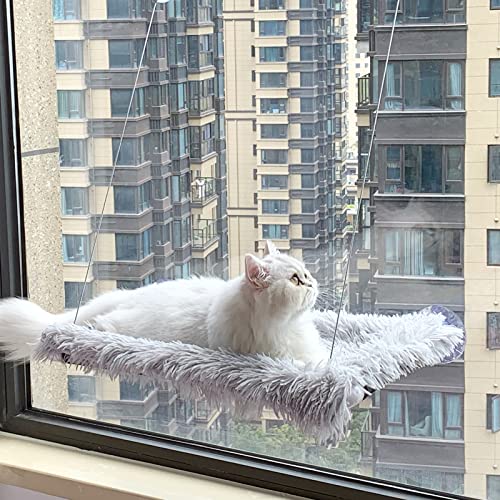 HlinZoom Cat Window Perch, Safety Hammock Window Seat with Strong Suction Cups, Pet Resting Seat with Fluffy Blanket, Providing All Around 360°Sunbath for Indoor (Light Grey)