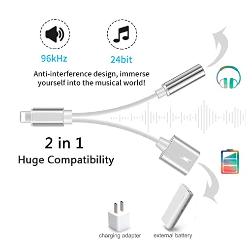 Headphone Adapter for iPhone [Apple MFi Certified], 2 in 1 Lightning to 3.5mm AUX Audio + Charger Splitter Adapter Dongle for iPhone Accessories Compatible with iPhone 14/13/12/11/XS/XR/X/8/7