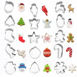 mini christmas cookie cutters set 15 pieces stainless steel cookie cutter set for baking -christmas tree,snowman,reindeer,santa face, star,stocking,candy cane ,gingerbread man and more