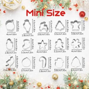 Mini Christmas Cookie Cutters Set 15 Pieces Stainless Steel Cookie Cutter Set for Baking -Christmas Tree,Snowman,Reindeer,Santa Face, Star,Stocking,Candy Cane ,Gingerbread Man and More