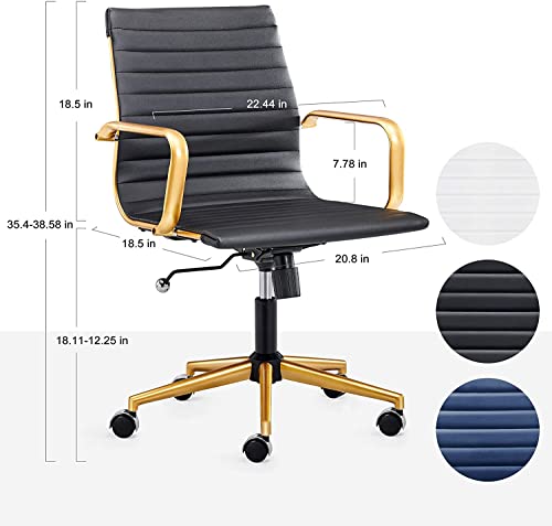 COROCC Office Desk Chair Modern Conference Room Task Chairs Leather Computer Swivel Excutive Ribbed Ergonomic Rolling Comfortable Chair for Home Office Black and Gold Chair