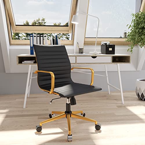 COROCC Office Desk Chair Modern Conference Room Task Chairs Leather Computer Swivel Excutive Ribbed Ergonomic Rolling Comfortable Chair for Home Office Black and Gold Chair