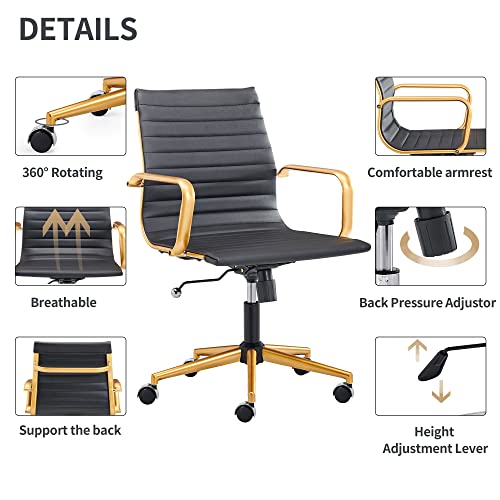 COROCC Office Desk Chair Modern Conference Room Task Chairs Leather Computer Swivel Excutive Ribbed Ergonomic Rolling Comfortable Chair for Home Office Black and Gold Chair