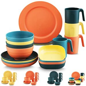 kyraton plastic dinnerware sets of 20 pieces, unbreakable and reusable light weight plates mugs bowls dishes easy to carry and clean microwave safe bpa free dishwasher safe service for 4 (mutil color)
