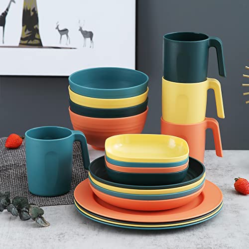 Kyraton Plastic Dinnerware Sets of 20 Pieces, Unbreakable And Reusable Light Weight Plates Mugs Bowls Dishes Easy to Carry And Clean Microwave Safe BPA Free Dishwasher Safe Service For 4 (Mutil Color)