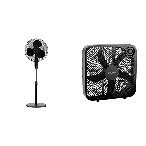 PELONIS 16'' Pedestal Remote Control, Oscillating Stand Up Fan 7-Hour Timer, Supreme 16"-Black & PFB50A2ABB-V 3-Speed Box Fan for Full-Force Circulation with Air Conditioner, Black, 2020 New Model