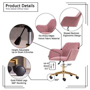 Cute Desk Chair, Velvet Office Computer Chair, Modern Ergonomic Home Task Chair with Wheels and Arms, Comfy 360 Swivel Chairs, Adjustable Hight, Vanity Makeup Chair for Home Office (Pink 2)