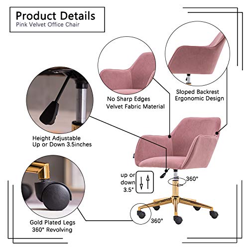 Cute Desk Chair, Velvet Office Computer Chair, Modern Ergonomic Home Task Chair with Wheels and Arms, Comfy 360 Swivel Chairs, Adjustable Hight, Vanity Makeup Chair for Home Office (Pink 2)