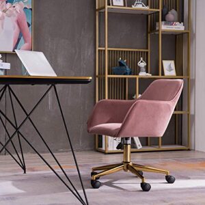 Cute Desk Chair, Velvet Office Computer Chair, Modern Ergonomic Home Task Chair with Wheels and Arms, Comfy 360 Swivel Chairs, Adjustable Hight, Vanity Makeup Chair for Home Office (Pink 2)