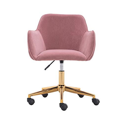 Cute Desk Chair, Velvet Office Computer Chair, Modern Ergonomic Home Task Chair with Wheels and Arms, Comfy 360 Swivel Chairs, Adjustable Hight, Vanity Makeup Chair for Home Office (Pink 2)