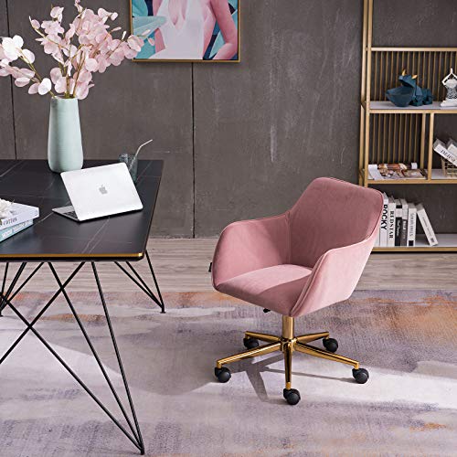 Cute Desk Chair, Velvet Office Computer Chair, Modern Ergonomic Home Task Chair with Wheels and Arms, Comfy 360 Swivel Chairs, Adjustable Hight, Vanity Makeup Chair for Home Office (Pink 2)