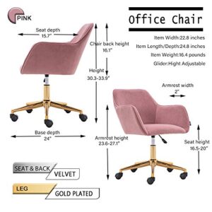 Cute Desk Chair, Velvet Office Computer Chair, Modern Ergonomic Home Task Chair with Wheels and Arms, Comfy 360 Swivel Chairs, Adjustable Hight, Vanity Makeup Chair for Home Office (Pink 2)