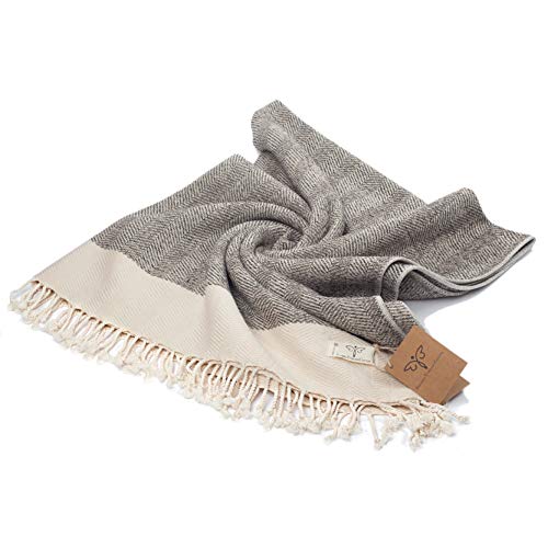 SMYRNA TURKISH COTTON 60 x 80 inches Large Throw Blanket, Herringbone Series, 100% Oeko-Tex Cotton, Machine Wash, Super Soft, Outdoor Throws and Blankets for Couch, Sofa, Bed, Beach, Picnic, Beige