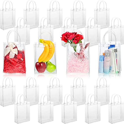 Clear PVC Gift Bags with Handles Reusable Plastic Wrap Tote Bags Transparent Shopping Bags for Christmas Party Favors Weddings Merchandise Retail Small Business, 9 x 6.7 x 2.6 Inches (25 Pieces)