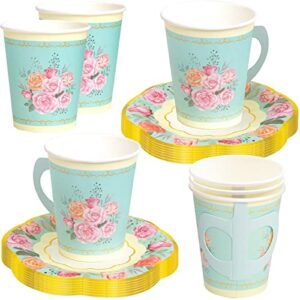 ceiba tree tea party decorations paper tea cups with handles and saucers disposable floral birthday supplies favors 24 sets