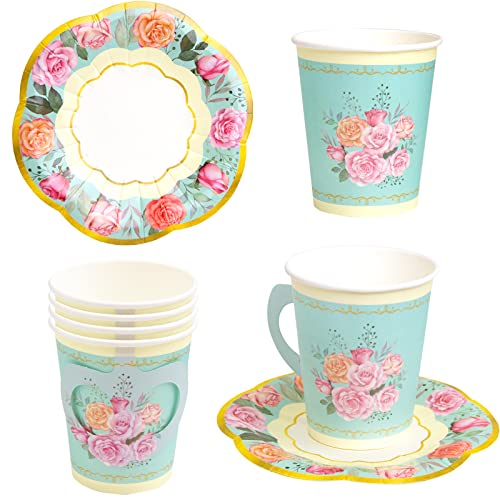 ceiba tree Tea Party Decorations Paper Tea Cups with Handles and Saucers Disposable Floral Birthday Supplies Favors 24 Sets