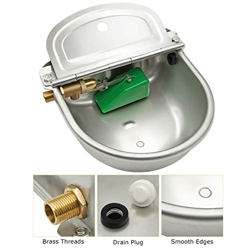 MACGOAL Stainless Steel Automatic Waterer Bowl with Brass Valve Float, Brass Connector and Drain Plug, Water Trough for Livestock Dog Goat Pig Waterer