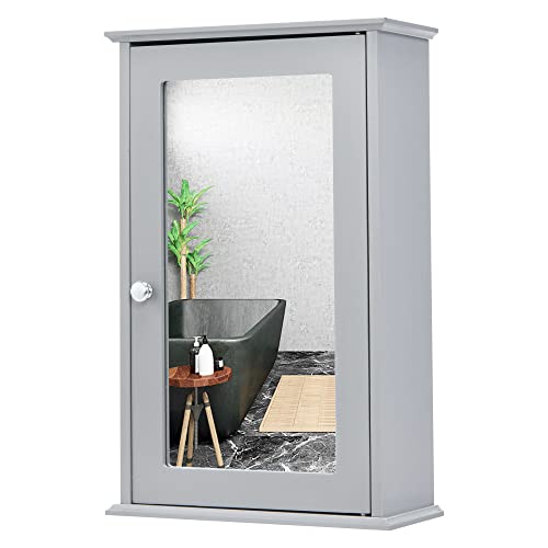 LOKO Bathroom Medicine Cabinet with Mirror, Wall Mounted Storage Cabinet with Single Mirrored Door and Adjustable Shelf for Bathroom, Living Room or Entryway, 13.5 x 6 x 21 inches (Grey)