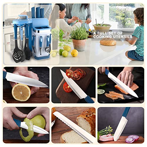 FIVETAS Kitchen Utensils Set with Holder, Nylon Cooking Utensils Set,6Pieces Stainless Steel Knives Set for Kitchen,Vegetable Peeler Knife,Cheese Grater,Cleaning Brush and 2 Plastic Cutting Boards.