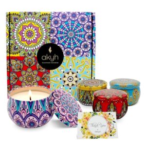 scented candles gift set - made of natural soy - luxuriously designed tin - eco-friendly - stress relief candles - gift idea for women, weddings, party, birthdays, anniversary- set of four