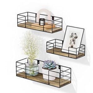 potey floating wall shelves, natural wood wire frame hanging shelves for bathroom, living room, bedroom, kitchen 3 sets light brown