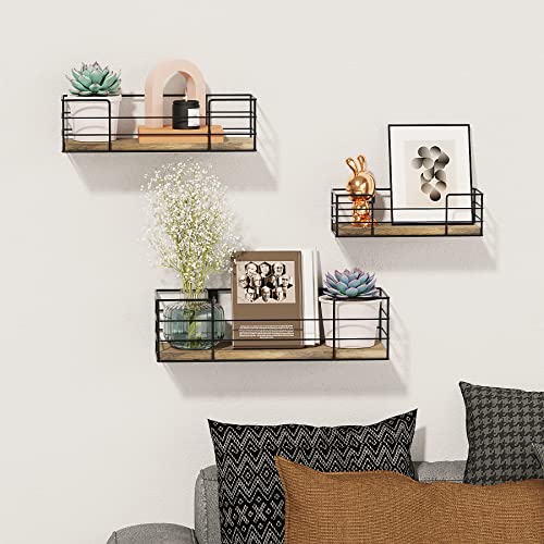 POTEY Floating Wall Shelves, Natural Wood Wire Frame Hanging Shelves for Bathroom, Living Room, Bedroom, Kitchen 3 Sets Light Brown